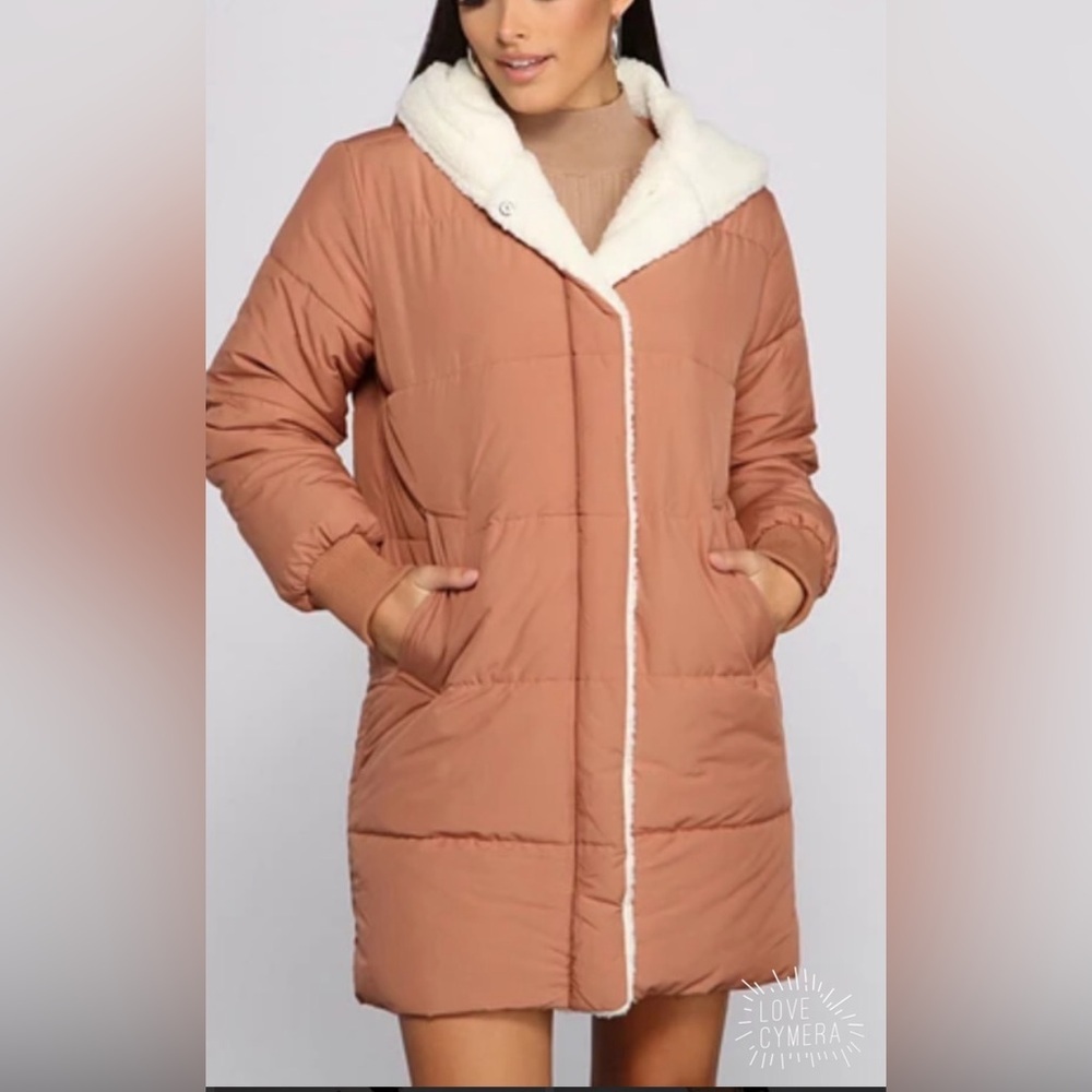 Anwnd Warm Hooded Sherpa Lined Long Puffer Coat Size S Terracotta Pink